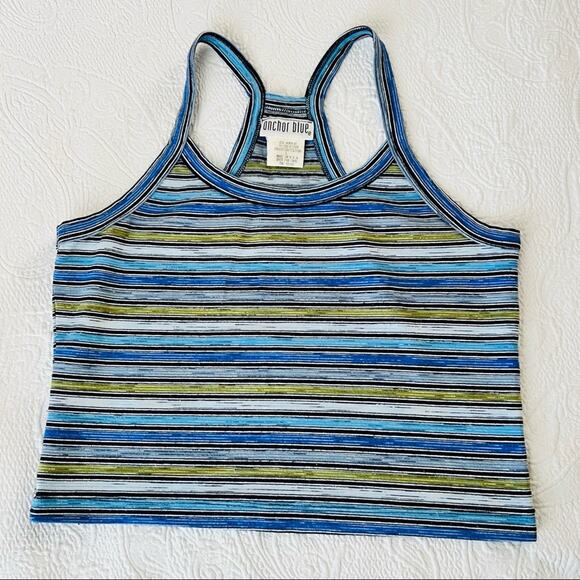 Vintage Anchor Blue 90s Y2K cropped striped racerback tank top - Picture 1 of 2
